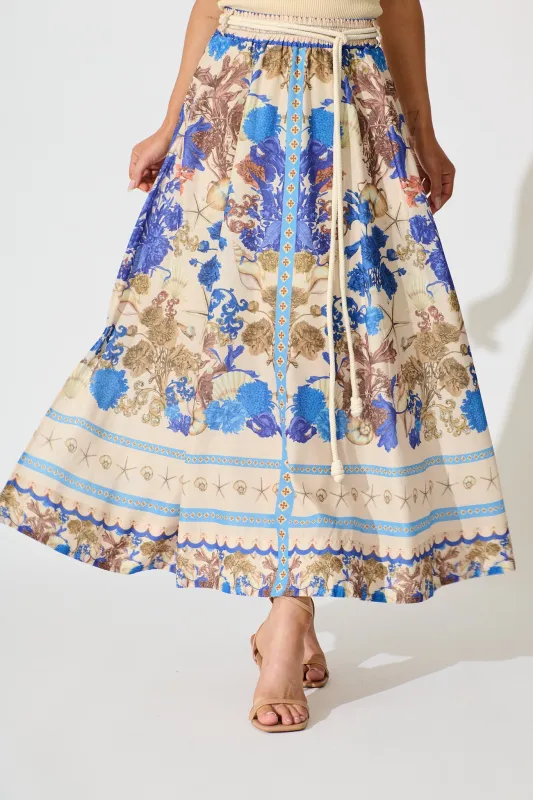 Dalton Maxi Skirt in Blue with Multi Floral Placement Cotton Blend sold by St Frock