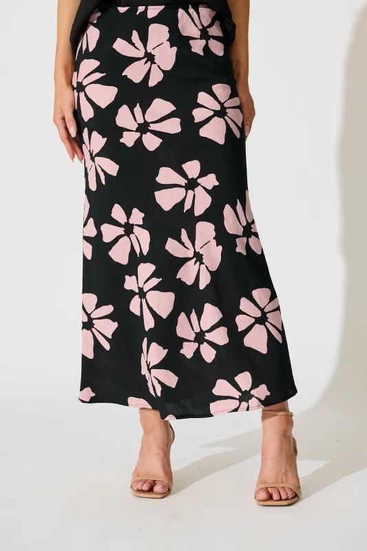 Lanah Maxi Skirt in Black with Pink Flower Print sold by St Frock