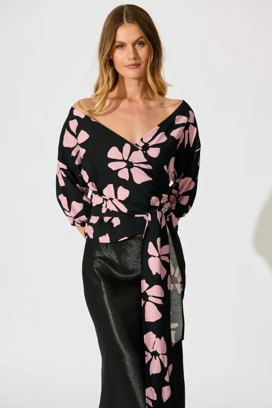 Rhylee Wrap Top in Black with Pink Flower Print sold by St Frock
