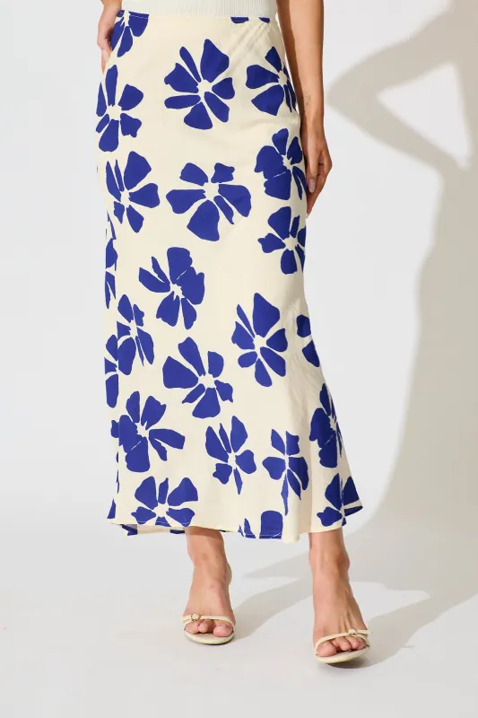 Lanah Maxi Skirt in White with Blue Flower Print sold by St Frock