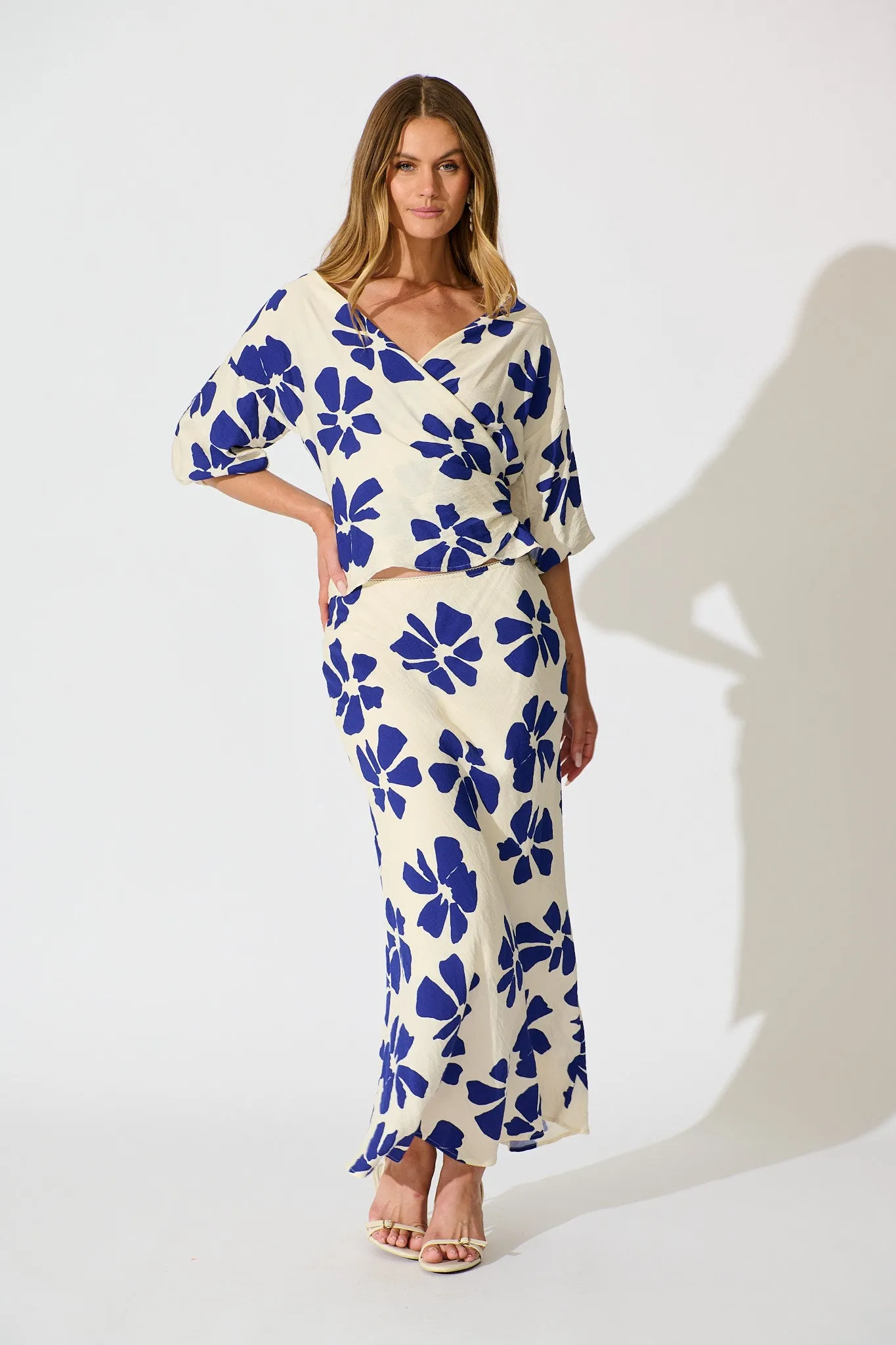 Rhylee Wrap Top in White with Blue Flower Print sold by St Frock product image thumbnail 4