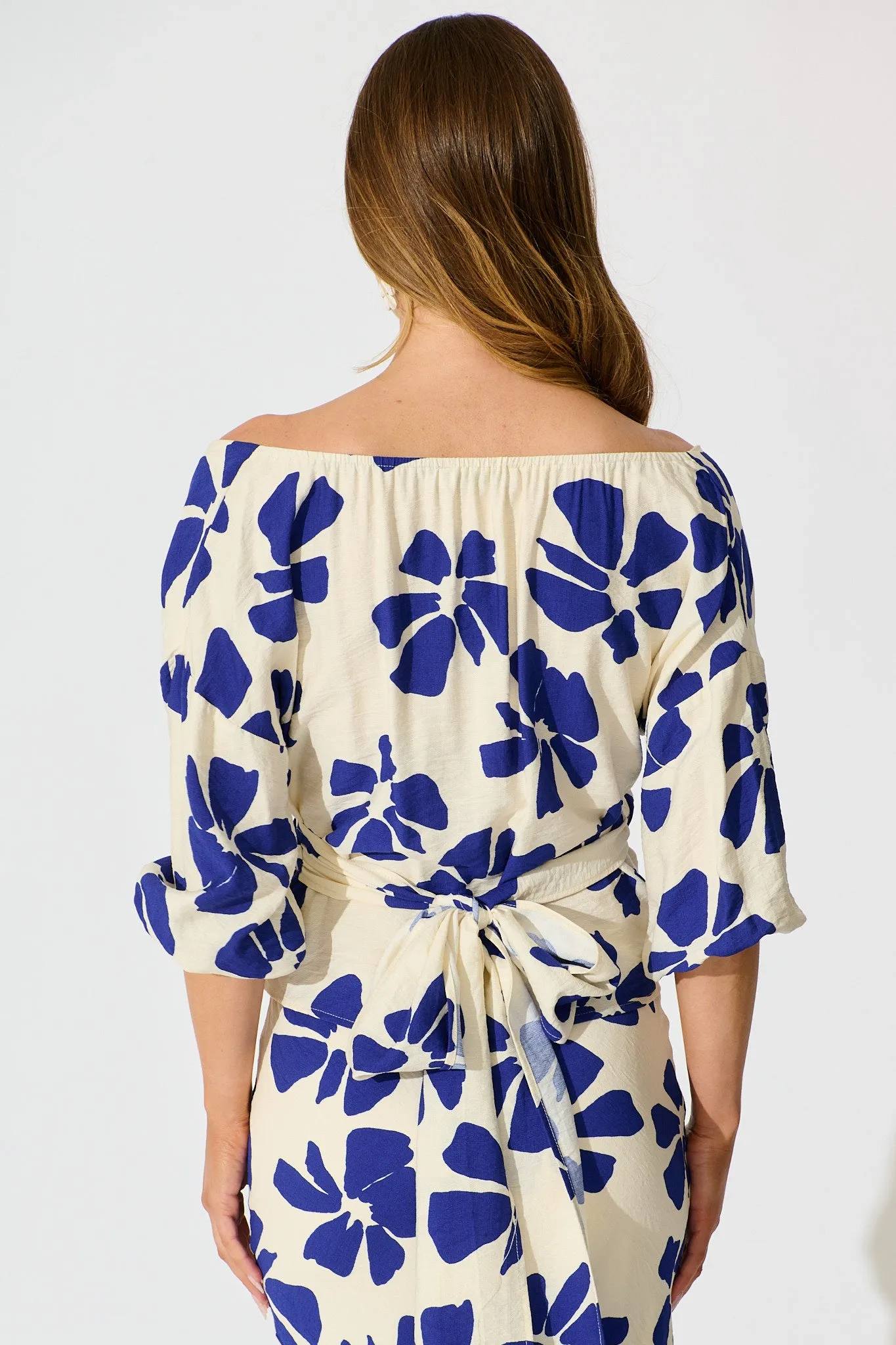 Rhylee Wrap Top in White with Blue Flower Print sold by St Frock product image thumbnail 3