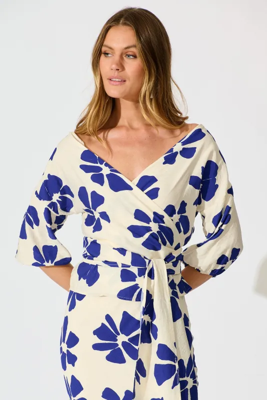 Rhylee Wrap Top in White with Blue Flower Print sold by St Frock