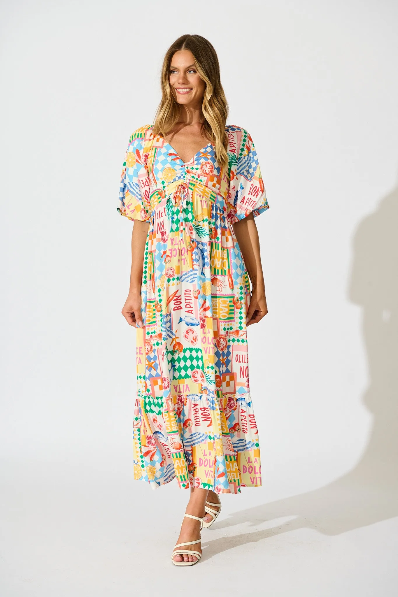 Coverdale Maxi Dress in White Multi Conversational Print sold by St Frock