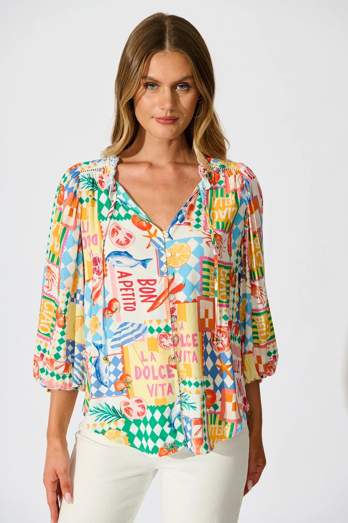 Annelie Top in White Multi Conversational Print sold by St Frock