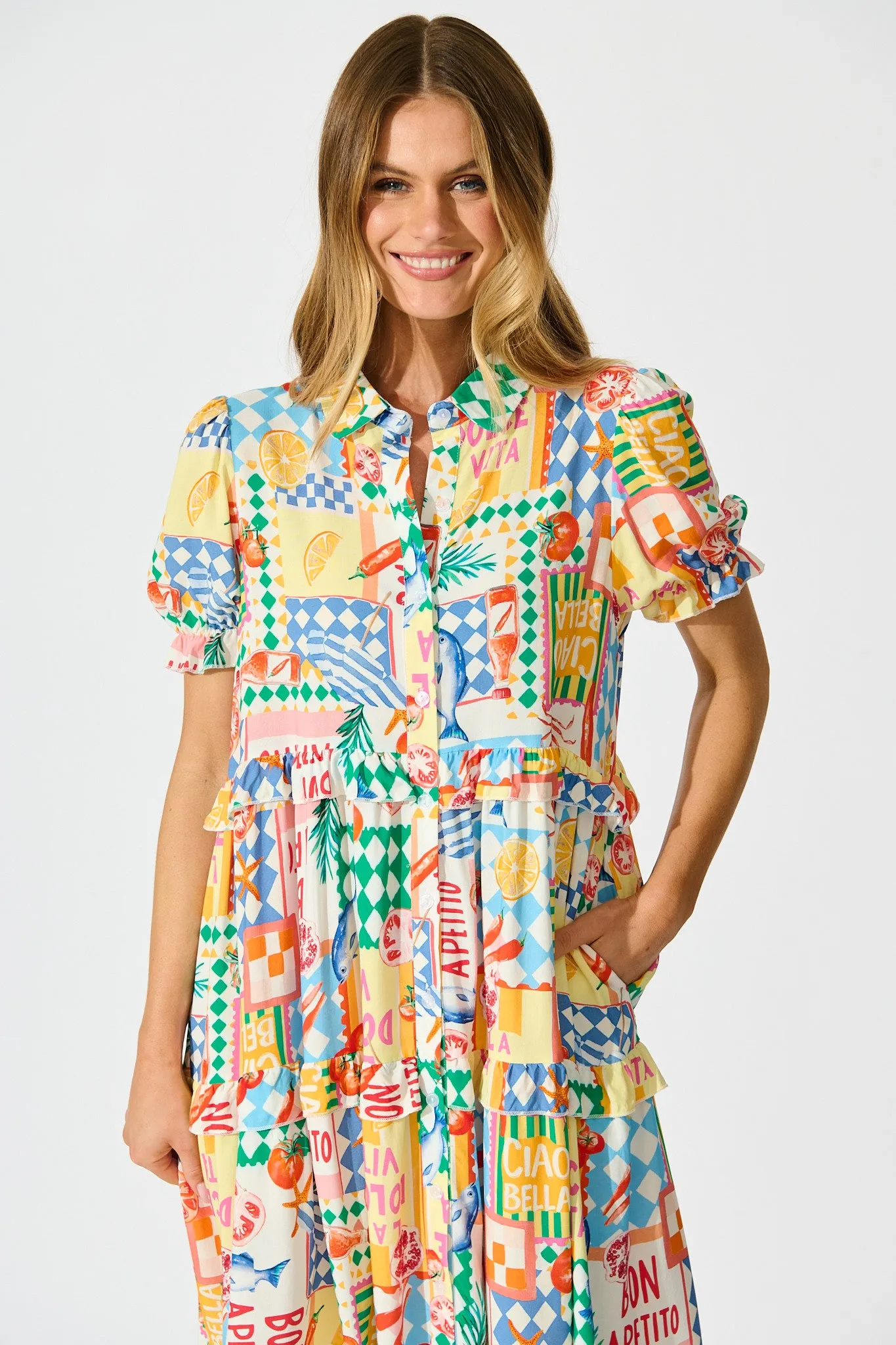 Power Of Love Shirt Dress in White Multi Conversational Print sold by St Frock product image thumbnail 2