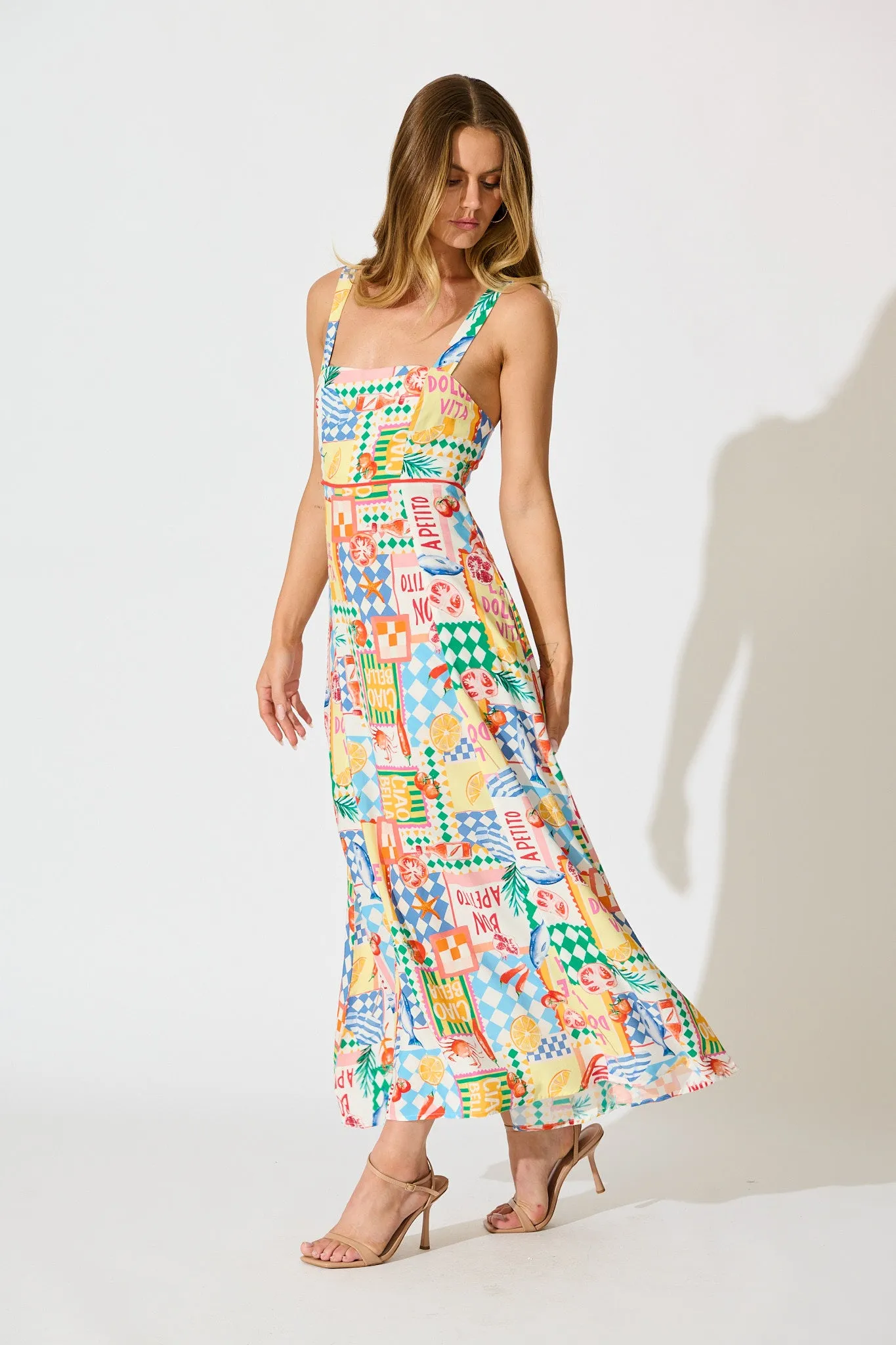 Holiday Crush Maxi Sundress in White Multi Conversational Print sold by St Frock product image thumbnail 3