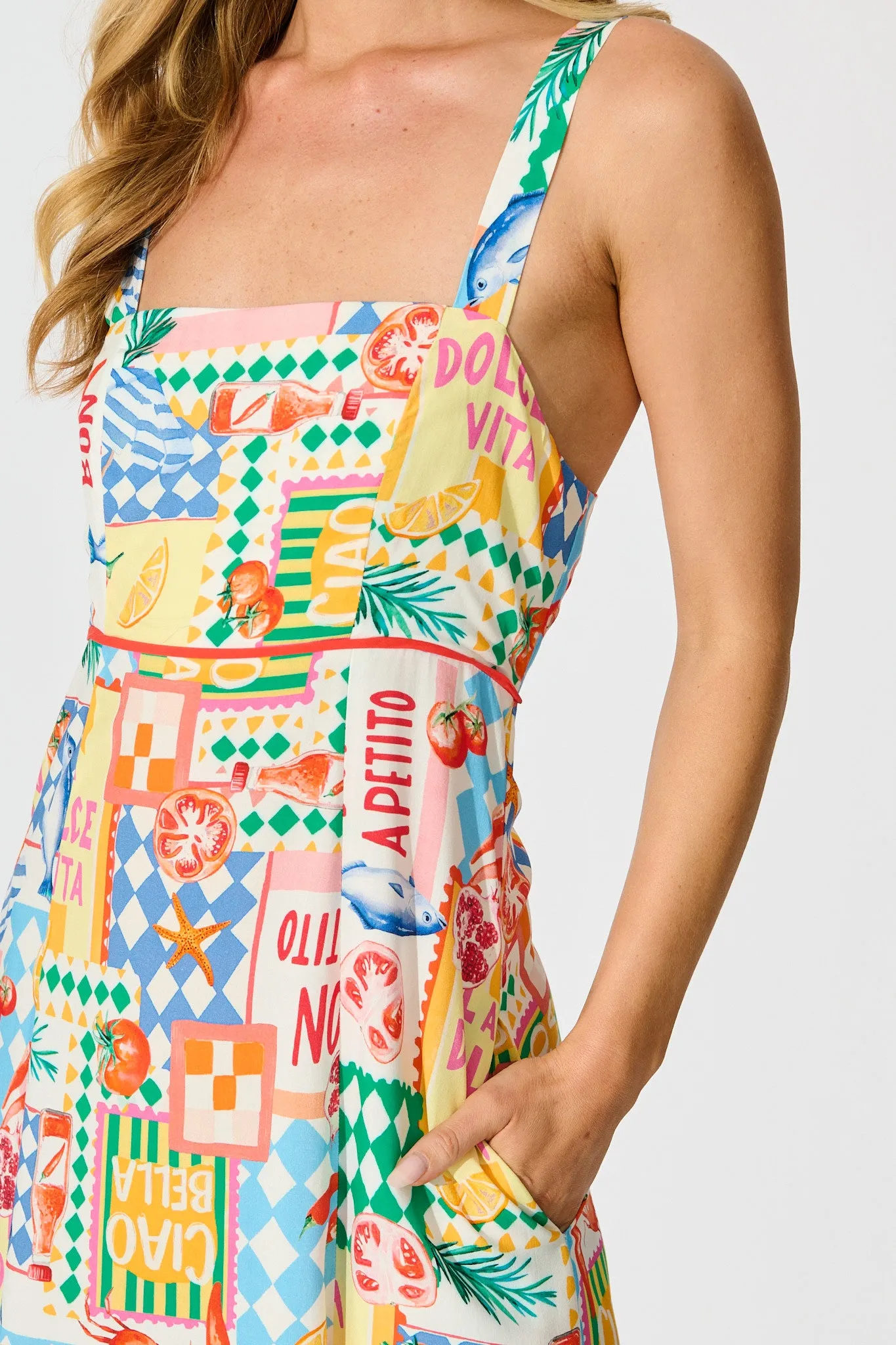 Holiday Crush Maxi Sundress in White Multi Conversational Print sold by St Frock product image thumbnail 5