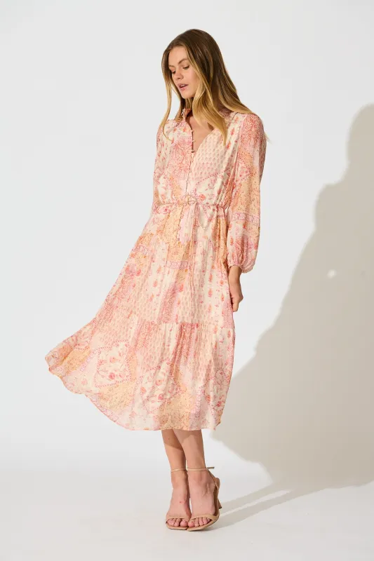 Pasha Maxi Dress in Cream with Peach Floral sold by St Frock