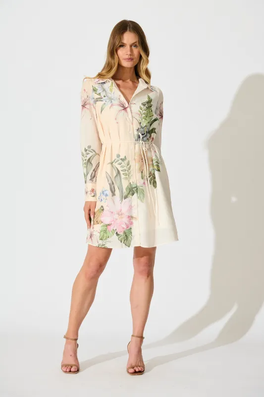 Josiana Shirt Dress in Cream with Green Floral Linen Blend sold by St Frock