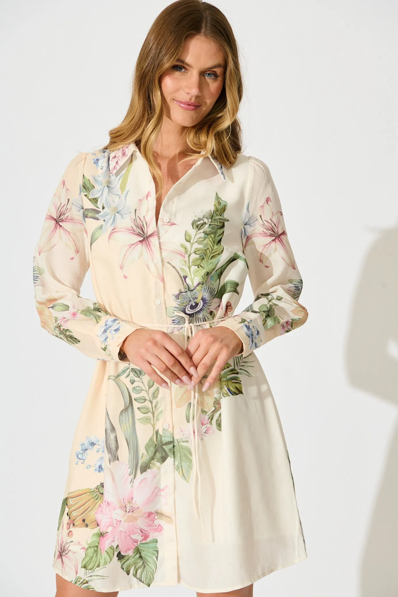 Josiana Shirt Dress in Cream with Green Floral Linen Blend sold by St Frock product image thumbnail 2