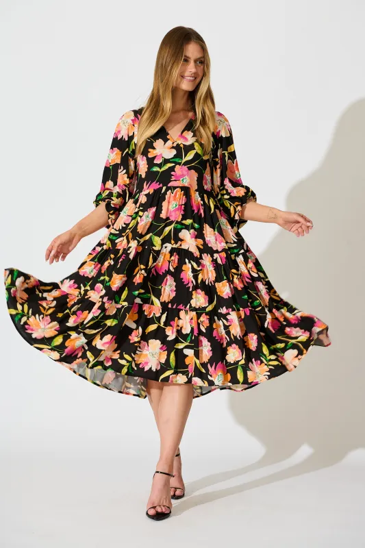 Kehlana Tiered Smock Dress in Black with Tangerine Floral sold by St Frock