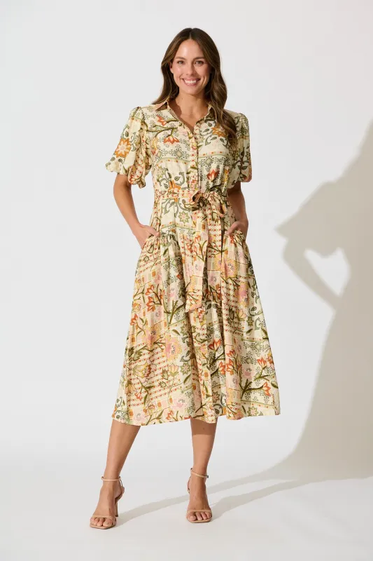 Loralea Midi Shirt Dress in Green with Brown Floral Print sold by St Frock