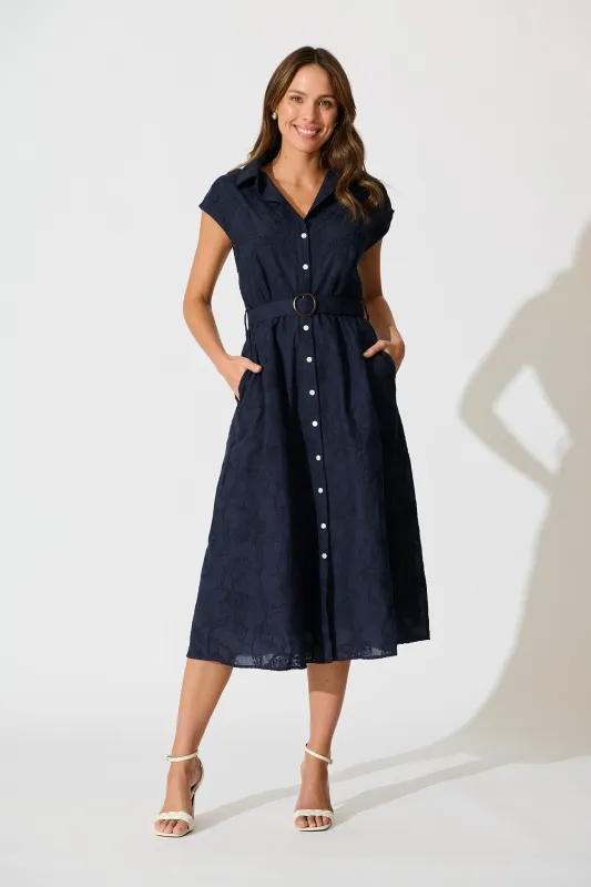 Lace & Love Midi Shirt Dress in Navy Embroidrey Cotton sold by St Frock