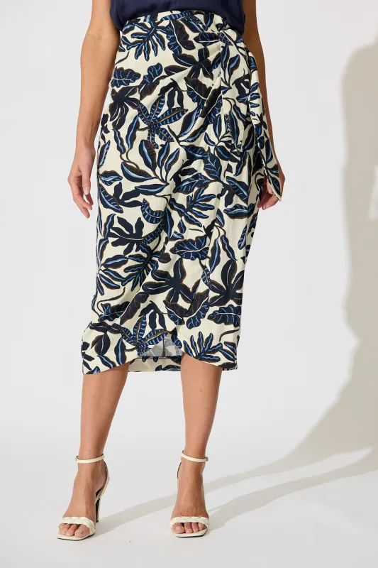 Tanis Midi Wrap Skirt in Navy and Cream Leaf Linen Blend sold by St Frock