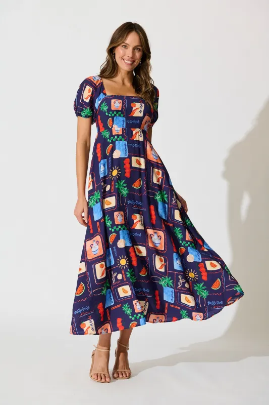 Arien Maxi Dress in Navy Multi Print sold by St Frock