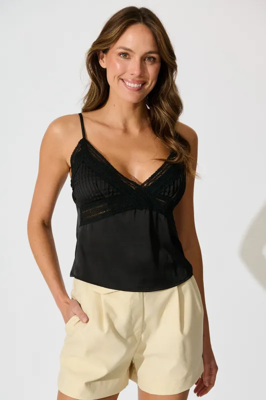 Esta Lace Cami Top in Black Satin sold by St Frock