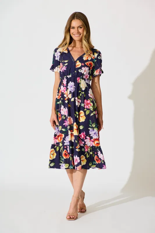 Zyla Midi Dress In Navy Floral sold by St Frock