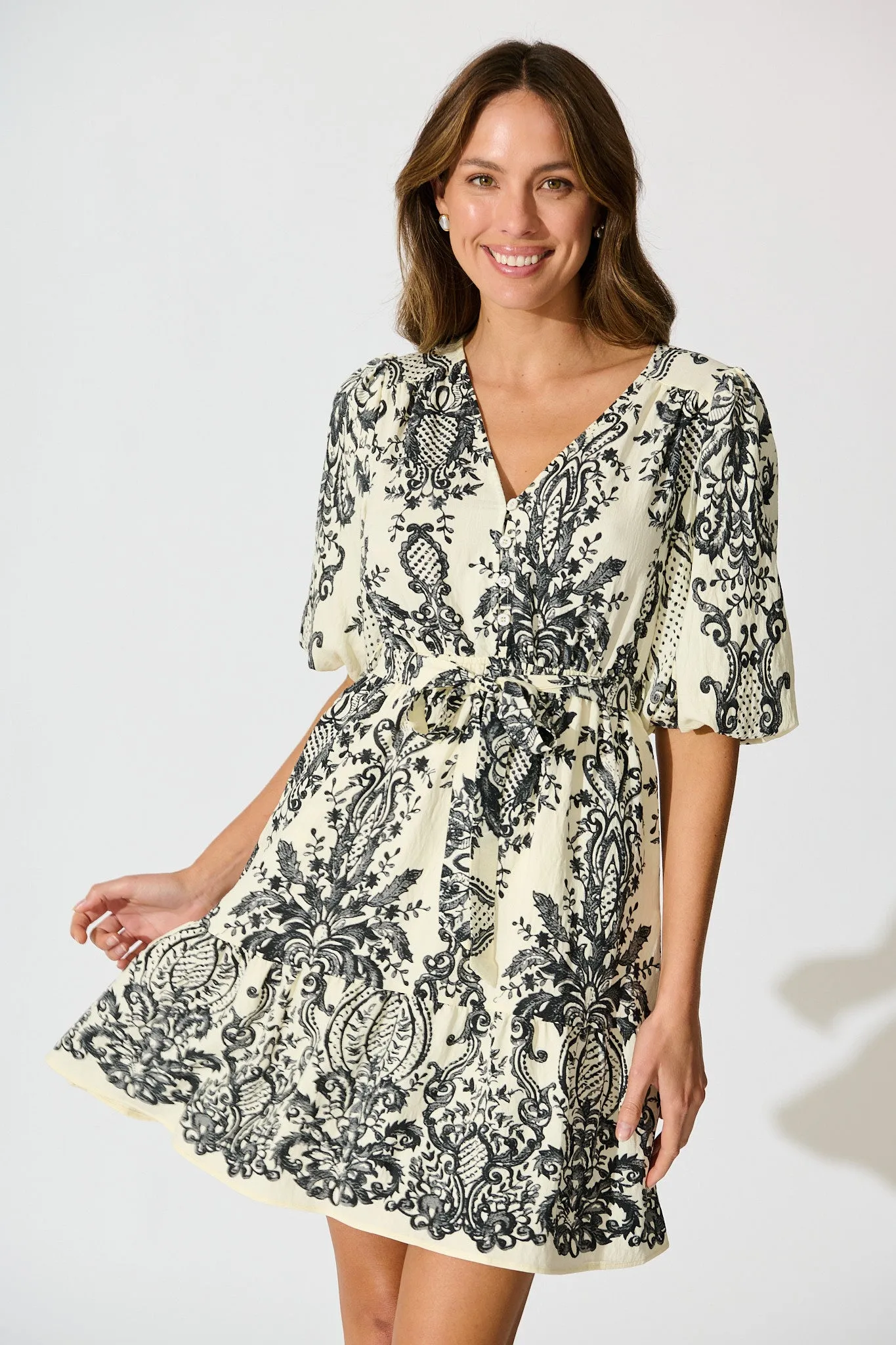 Nadette Dress in White with Black Boho Print sold by St Frock product image thumbnail 2