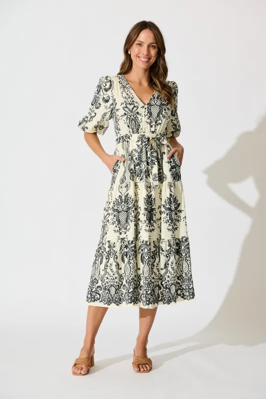 Savannah Song Midi Dress in White with Black Boho Print sold by St Frock