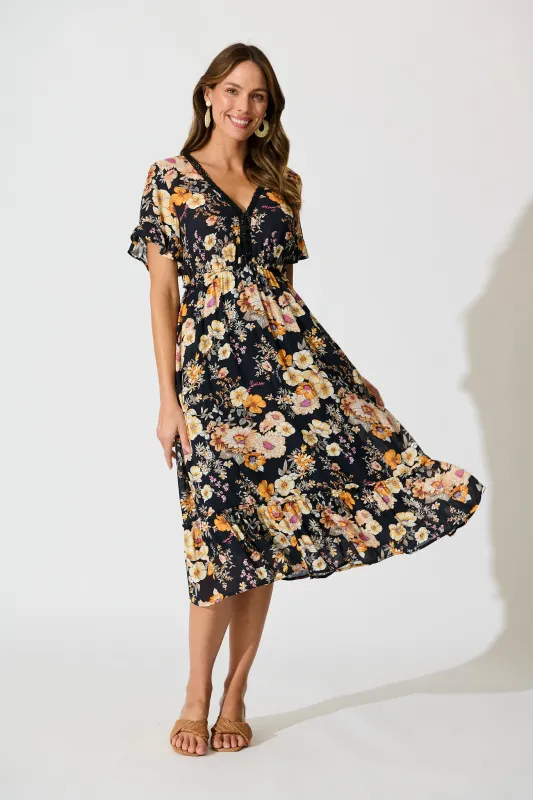Zyla Midi Dress In Black Floral sold by St Frock