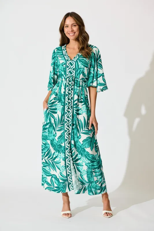 Juni Maxi Dress in Green and White Leaf Print Linen Blend sold by St Frock