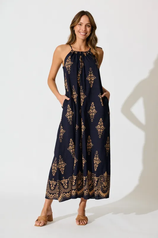 Tansy Maxi Dress in Navy with Tan Boho Linen Blend sold by St Frock