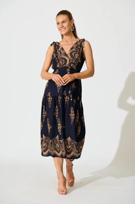 Amabelle Midi Dress in Navy with Tan Boho Linen Blend sold by St Frock