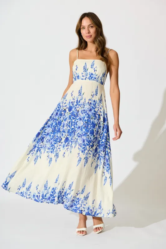 Lulea Maxi Sundress in White with Blue Floral Linen Blend sold by St Frock