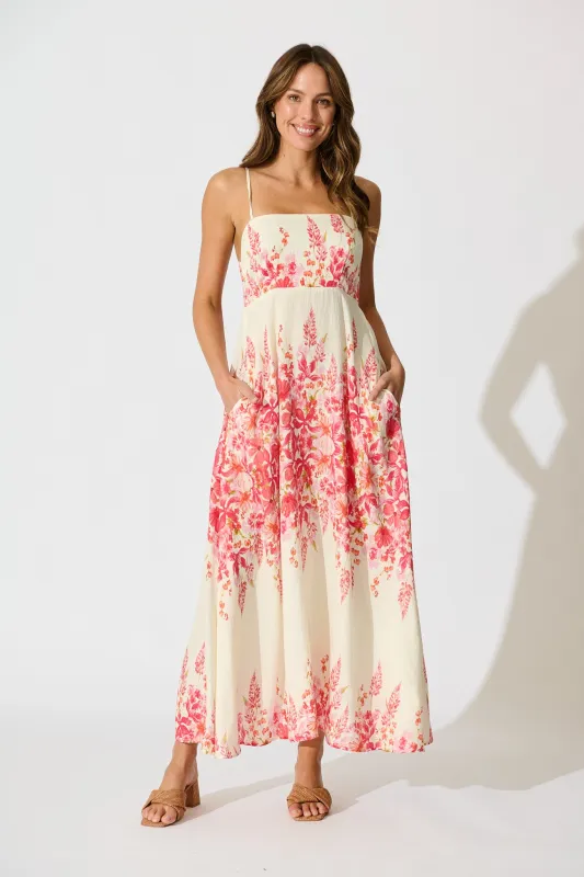 Lulea Maxi Sundress in White with Pink Floral Linen Blend sold by St Frock