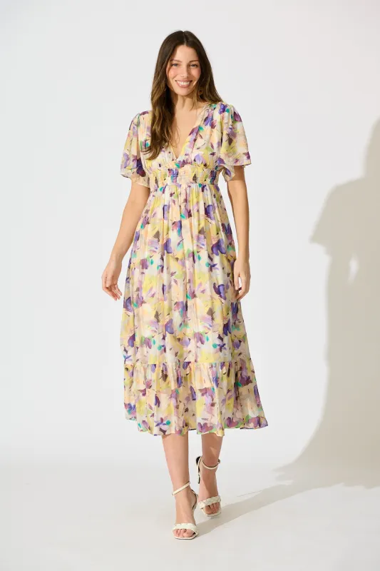 Amara Petal Midi Dress in Mustard Multi Watercolour Floral sold by St Frock