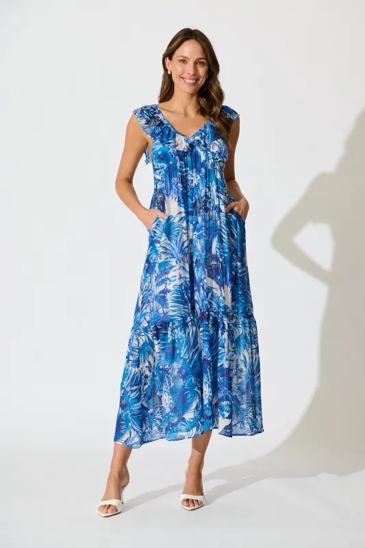 Katriel Maxi Dress in Blue and White Leaf Cotton Blend sold by St Frock