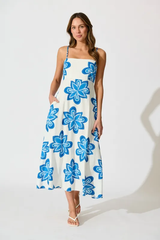 Waverly Maxi Sundress in White with Blue Flower Linen Blend sold by St Frock