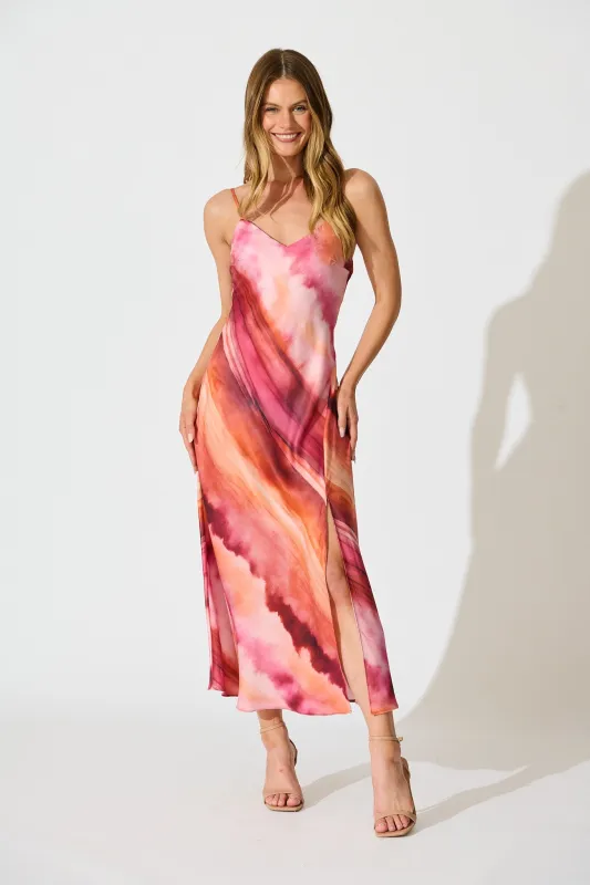 Carmel Maxi Dress in Pink with Red Watercolour Satin sold by St Frock