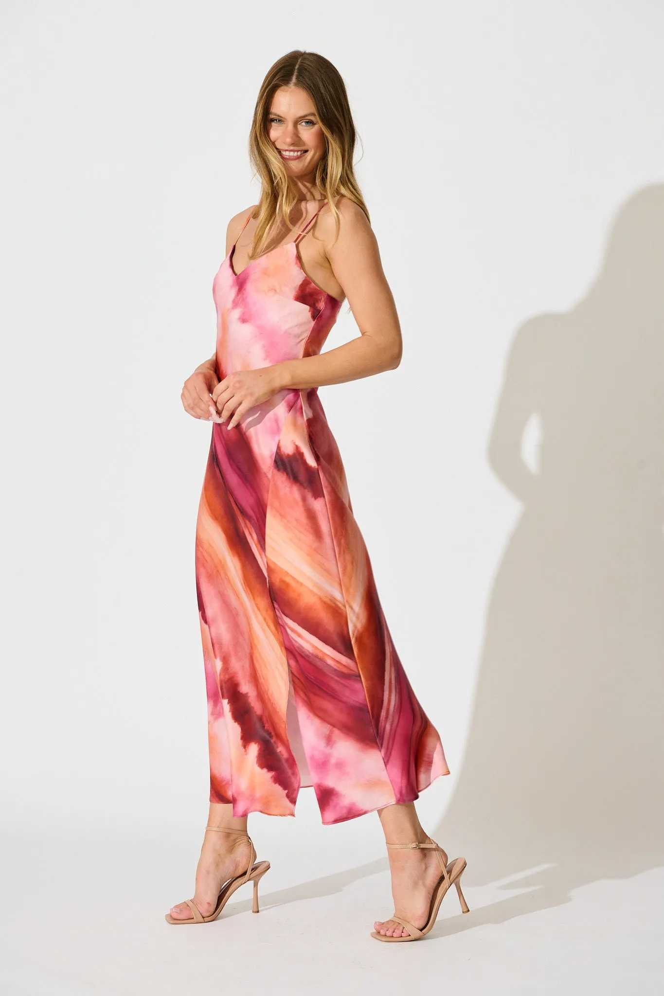 Carmel Maxi Dress in Pink with Red Watercolour Satin sold by St Frock product image thumbnail 3