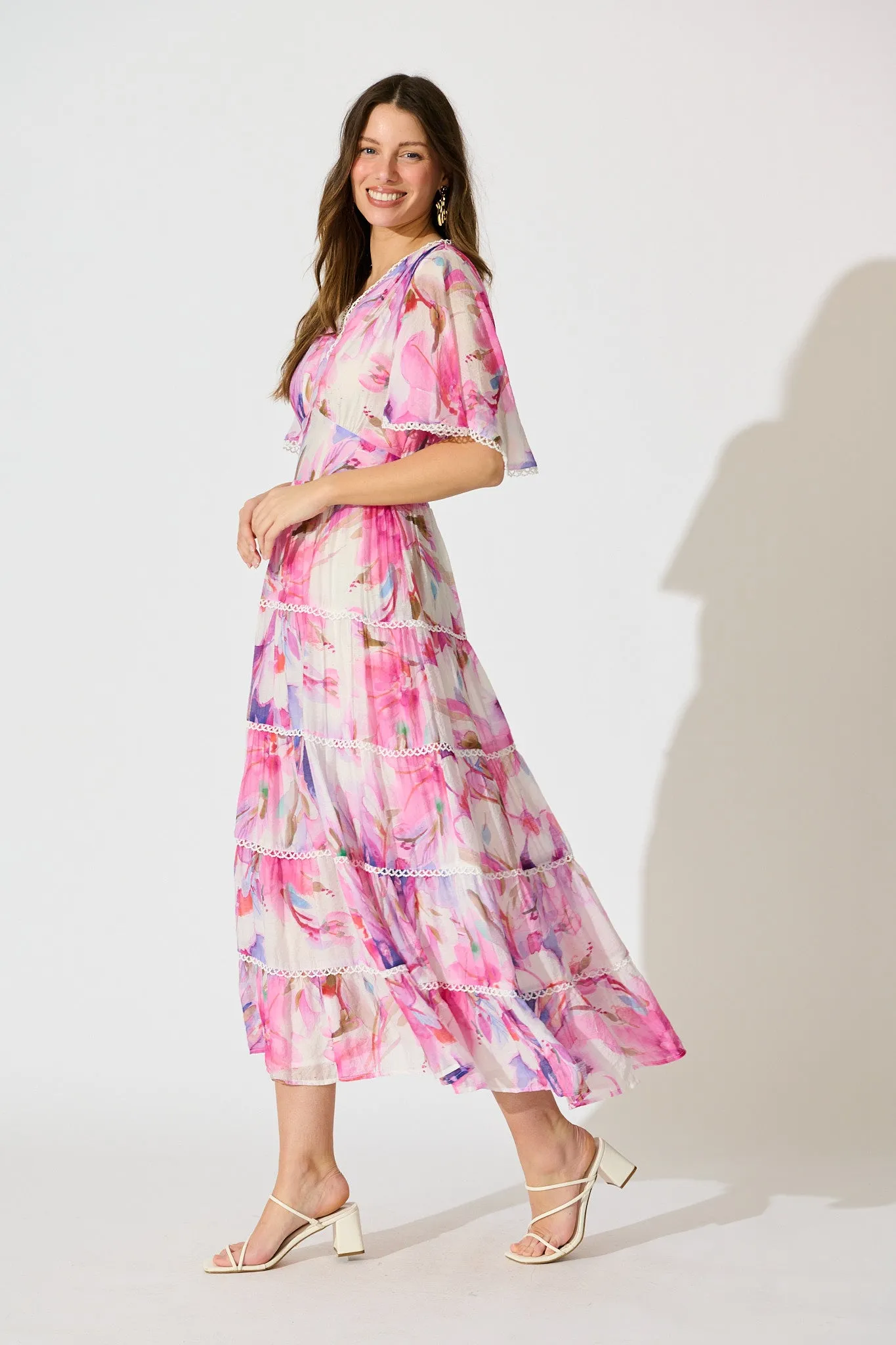 Enrika Maxi Dress in White with Pink Watercolour sold by St Frock product image thumbnail 3