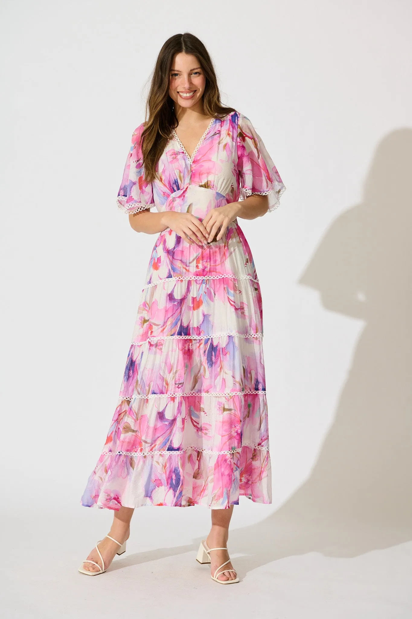 Enrika Maxi Dress in White with Pink Watercolour sold by St Frock