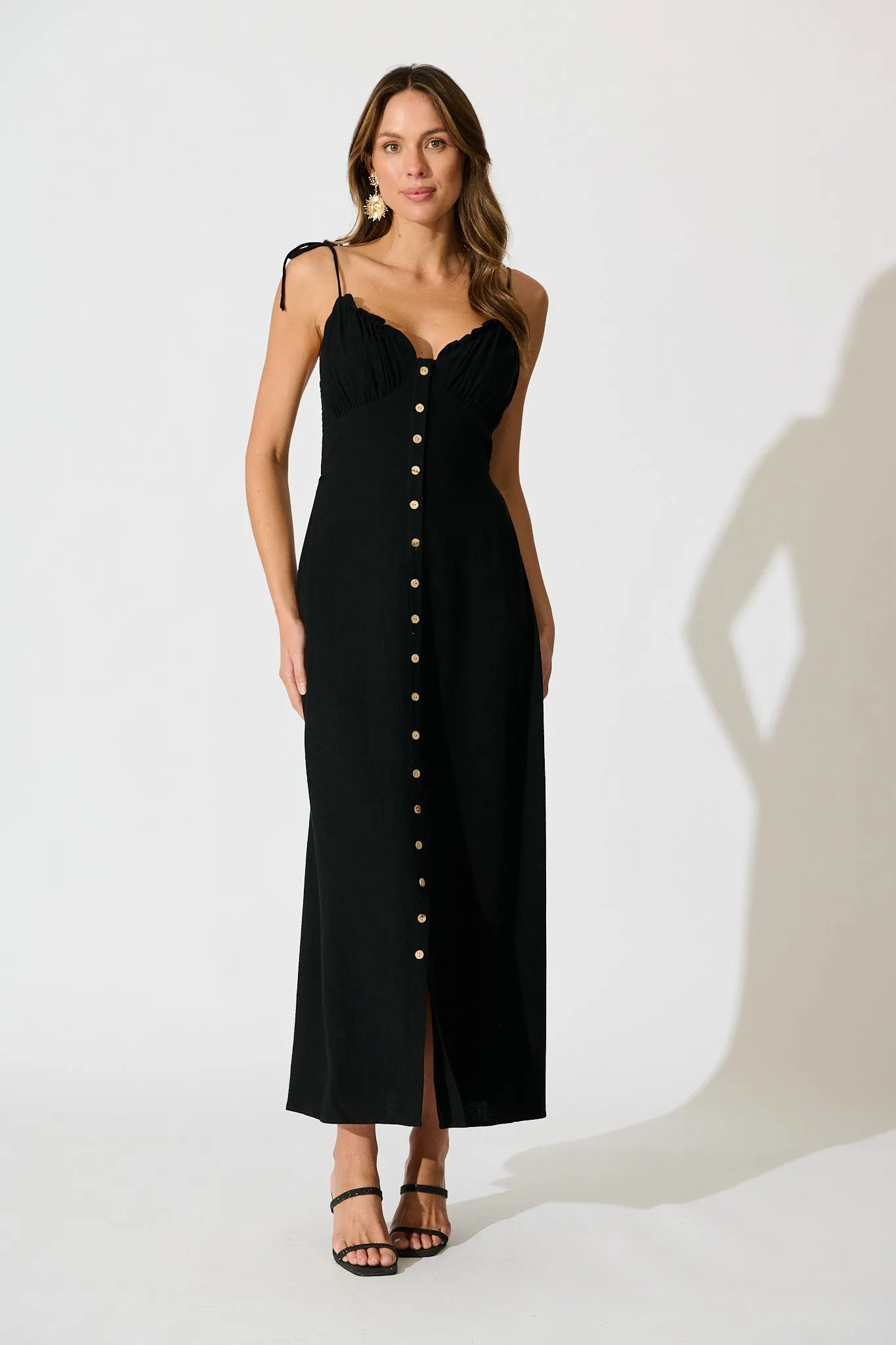 Shani Maxi Dress in Black Linen Blend sold by St Frock