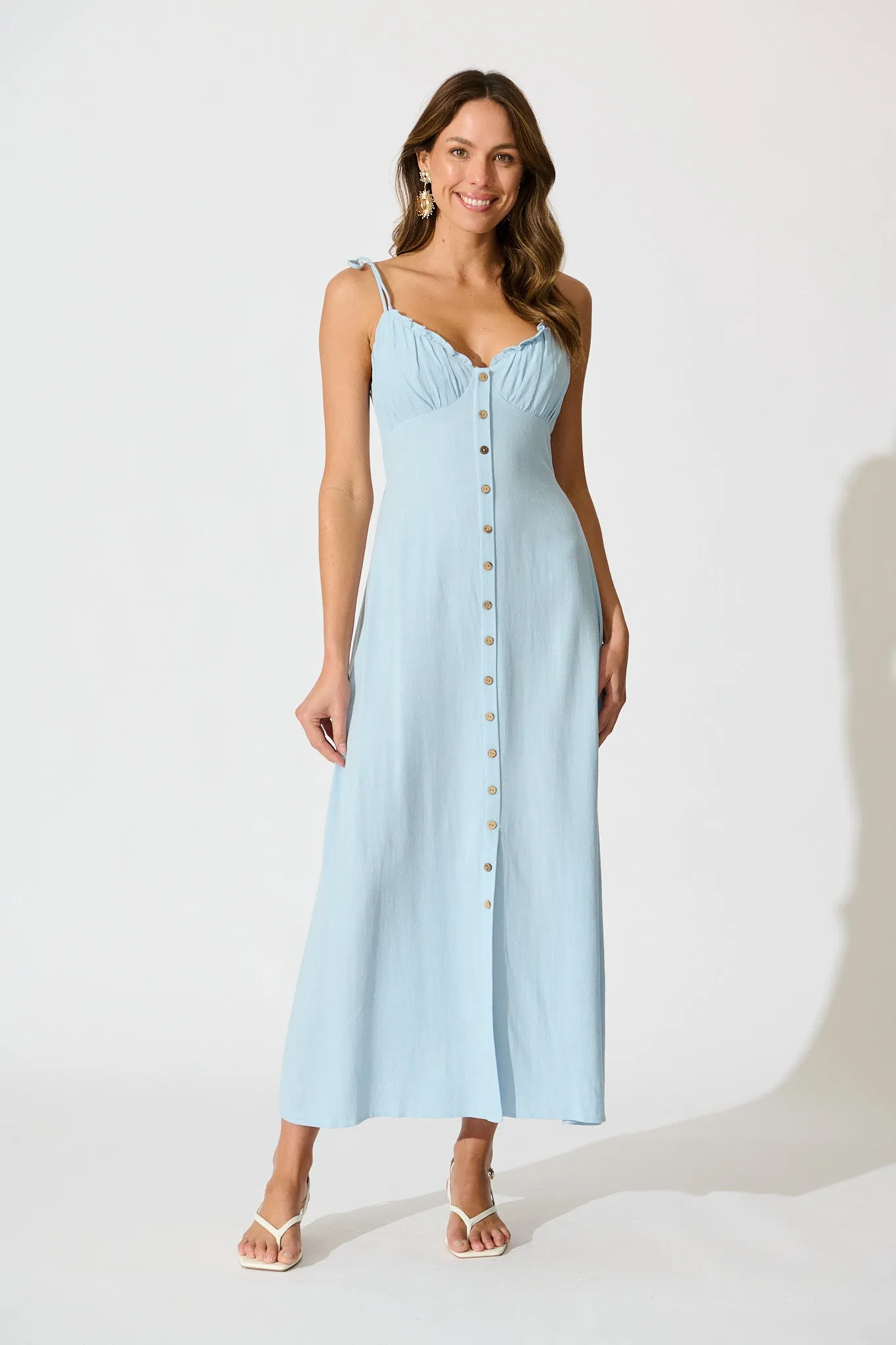Shani Maxi Dress in Light Blue Linen Blend sold by St Frock