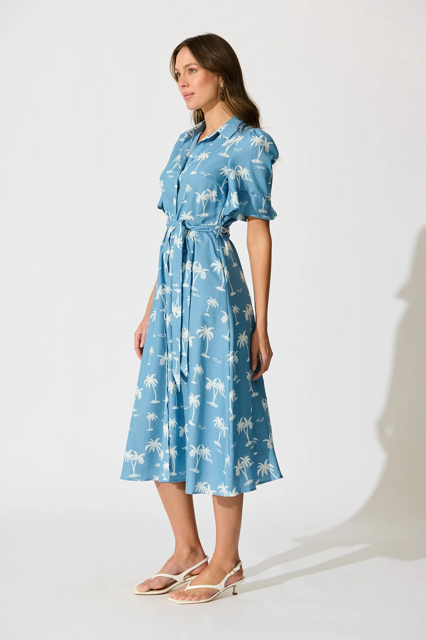 Marlia Midi Shirt Dress in Blue with White Palm Tree sold by St Frock product image thumbnail 3