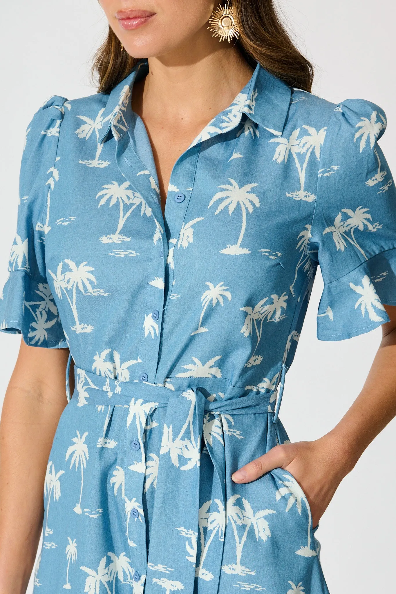 Marlia Midi Shirt Dress in Blue with White Palm Tree sold by St Frock product image thumbnail 5