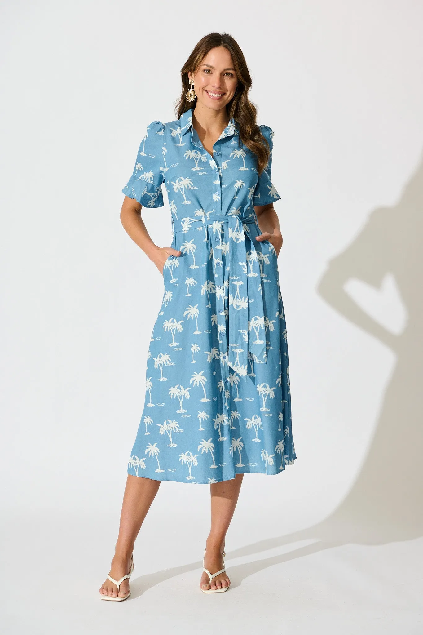 Marlia Midi Shirt Dress in Blue with White Palm Tree sold by St Frock