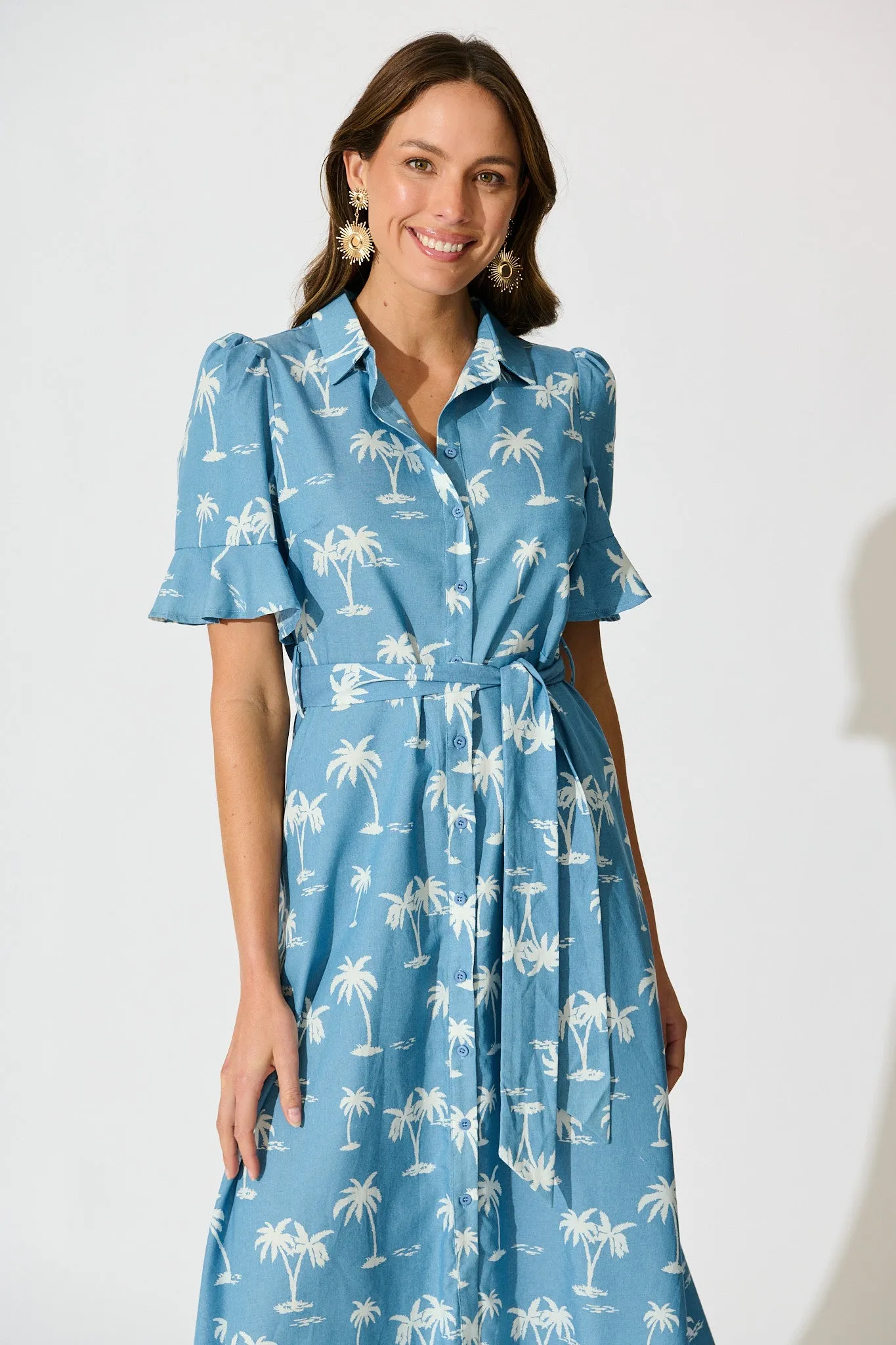 Marlia Midi Shirt Dress in Blue with White Palm Tree sold by St Frock product image thumbnail 2