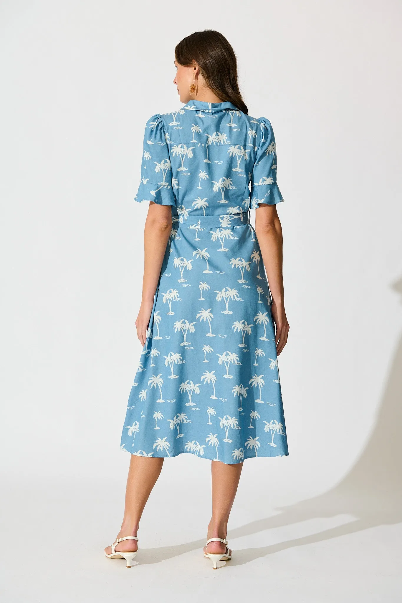Marlia Midi Shirt Dress in Blue with White Palm Tree sold by St Frock product image thumbnail 4