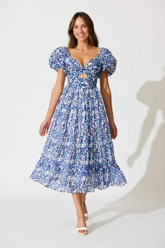 Petals at Dusk Maxi Dress in Blue with Navy Floral Print sold by St Frock