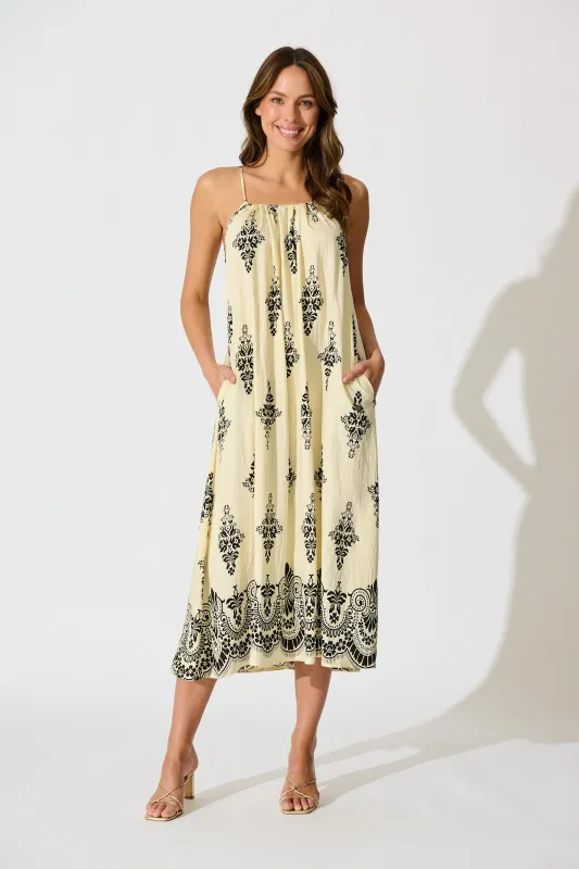 Ovina Maxi Sundress in Cream with Black Border Print Linen Blend sold by St Frock