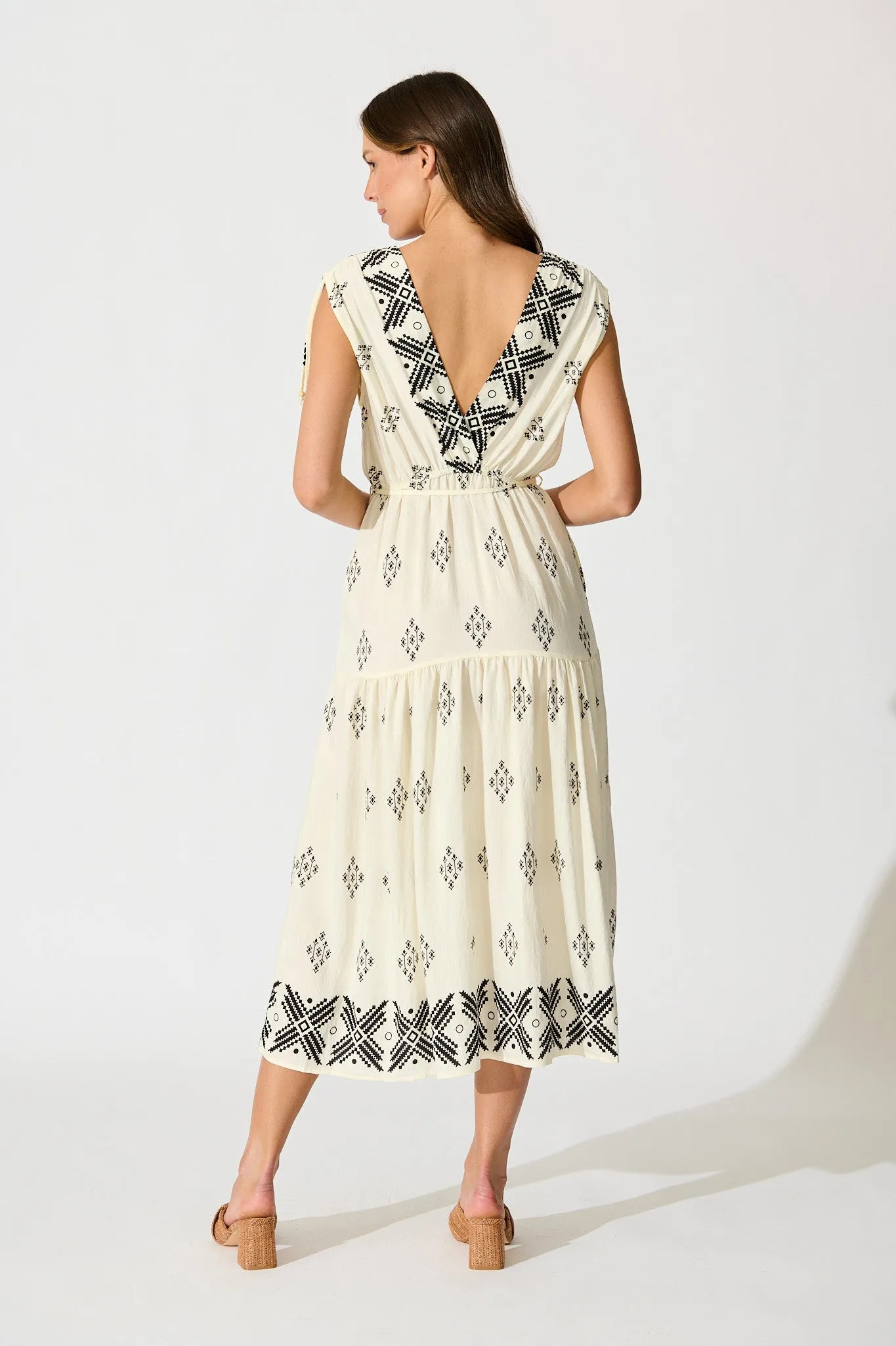 Amabelle Midi Dress in Cream with Black Border Linen Blend sold by St Frock product image thumbnail 4