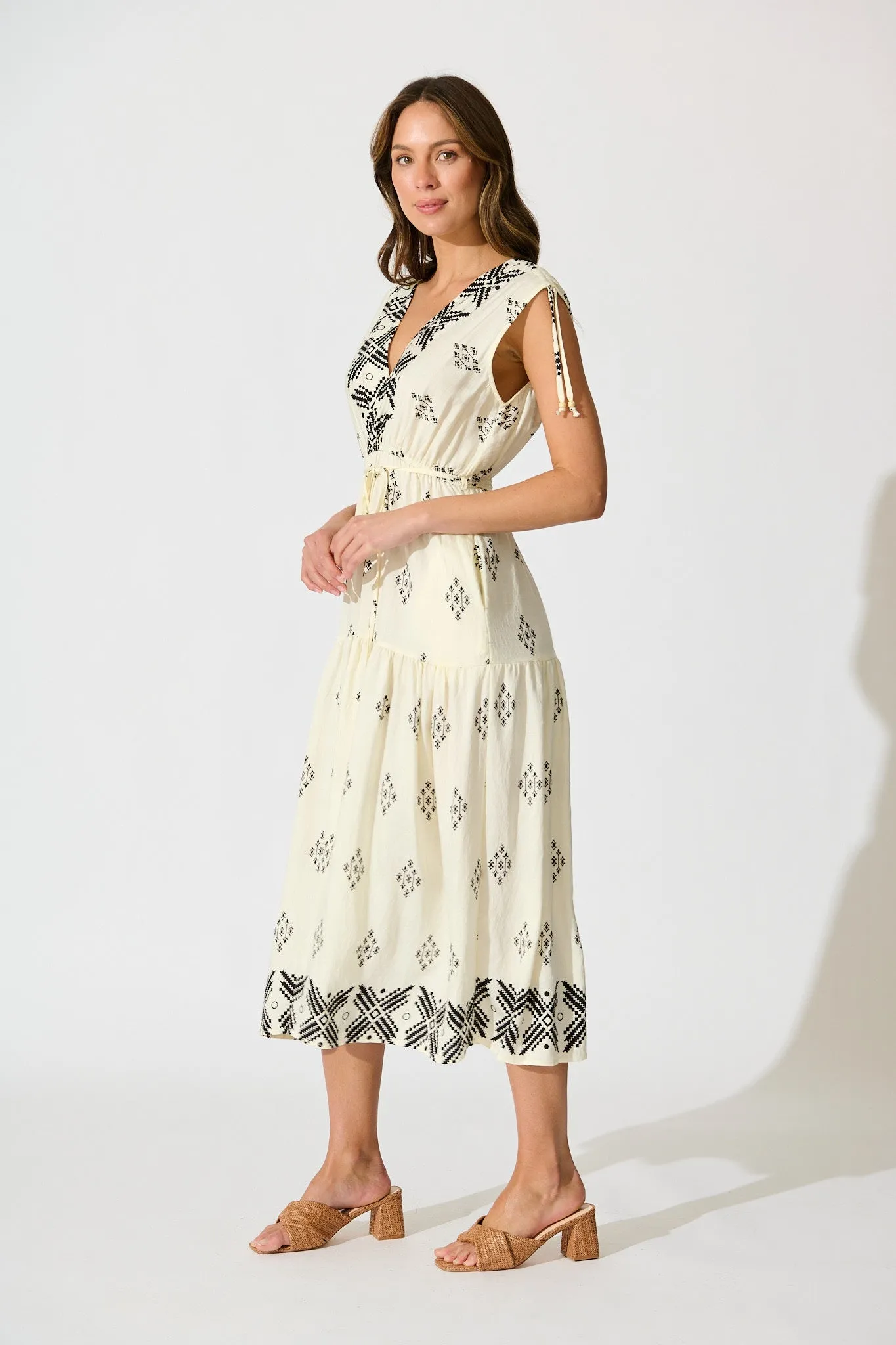 Amabelle Midi Dress in Cream with Black Border Linen Blend sold by St Frock product image thumbnail 3