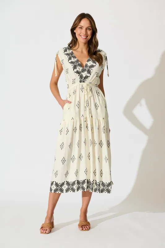 Amabelle Midi Dress in Cream with Black Border Linen Blend sold by St Frock