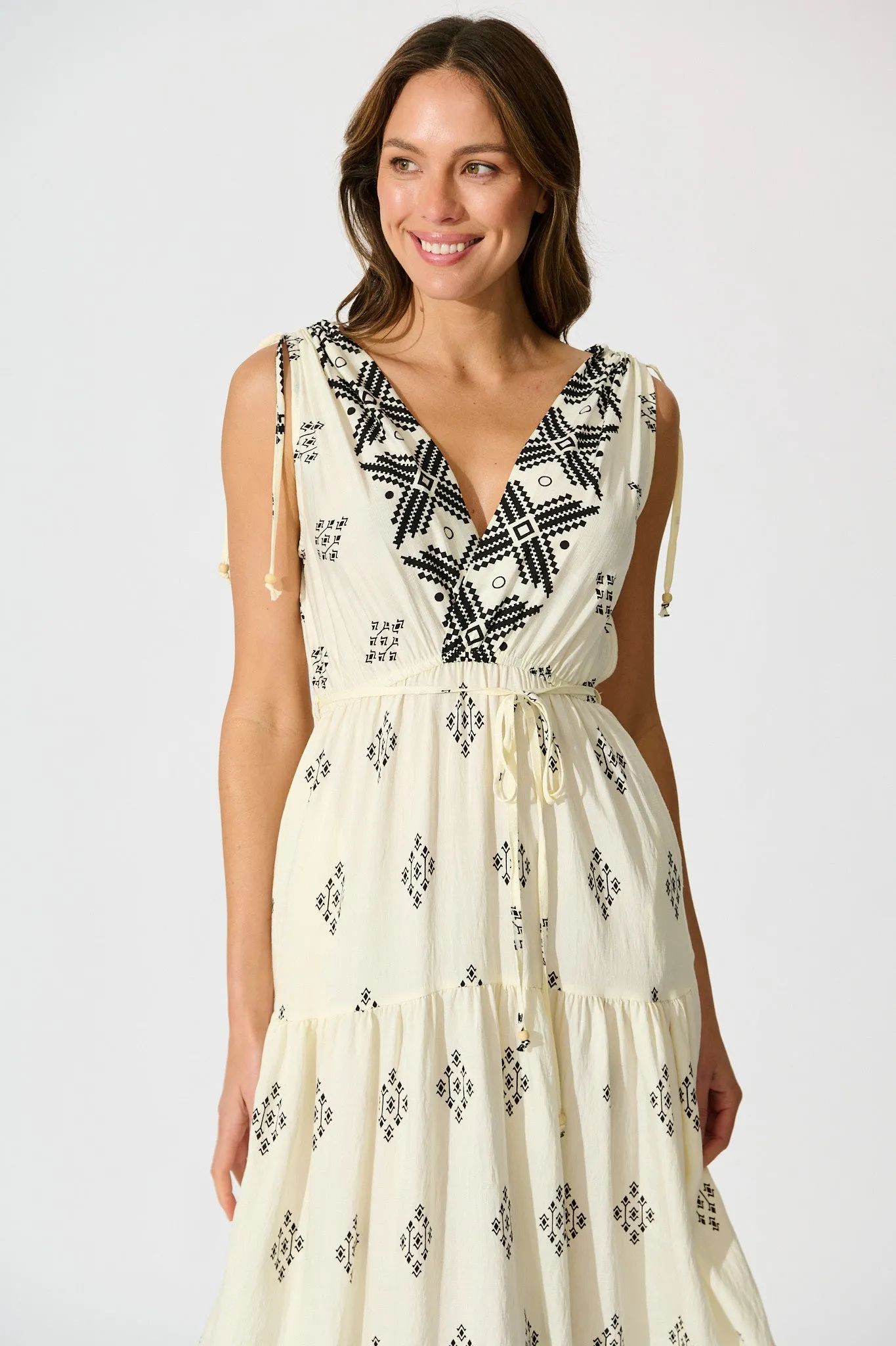 Amabelle Midi Dress in Cream with Black Border Linen Blend sold by St Frock product image thumbnail 2